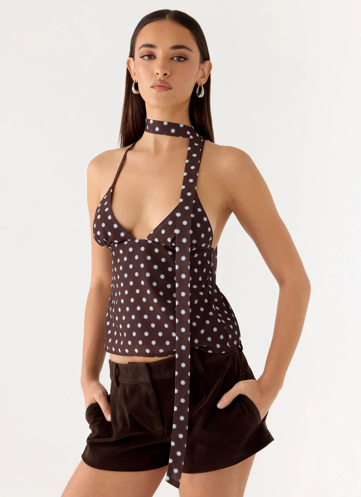 Quiero Backless Top - Chocolate Blue Dot