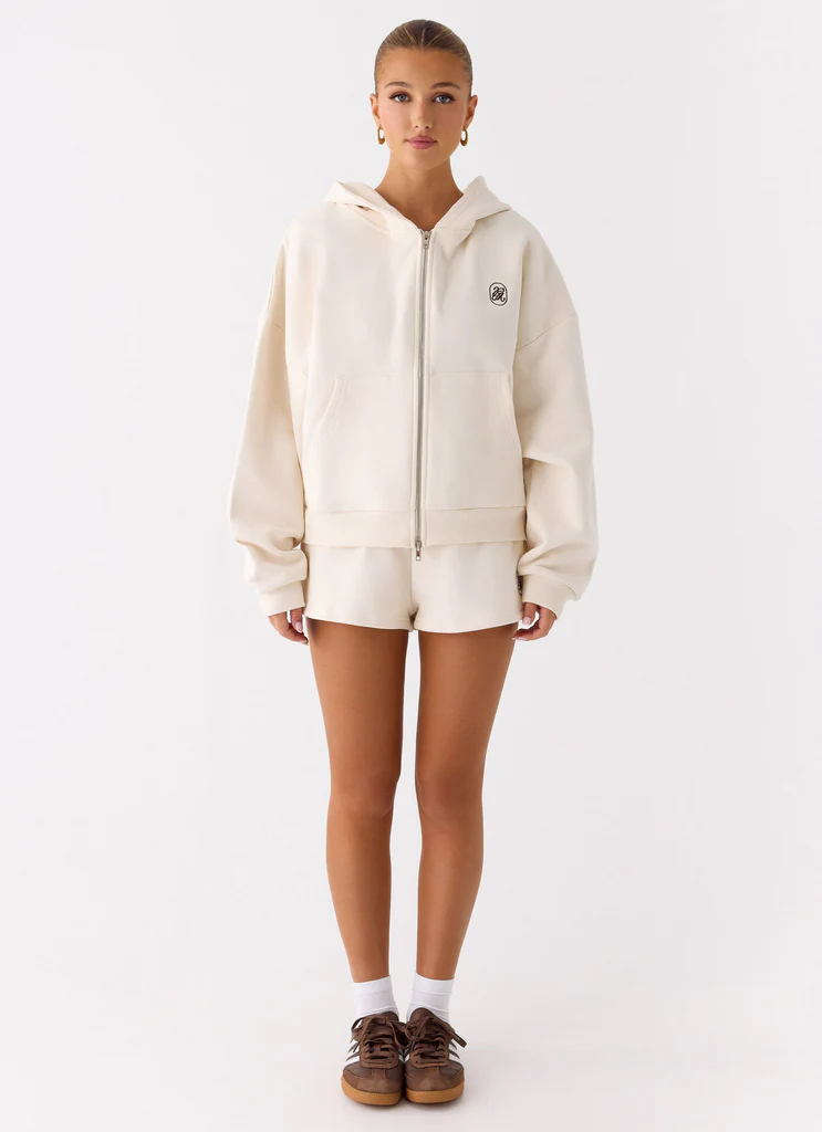 Signature Double Zip Up Hoodie - Cream