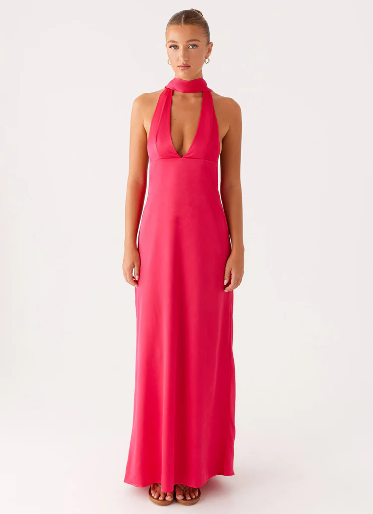 Alicia Satin Halter Maxi Dress - Fuchsia