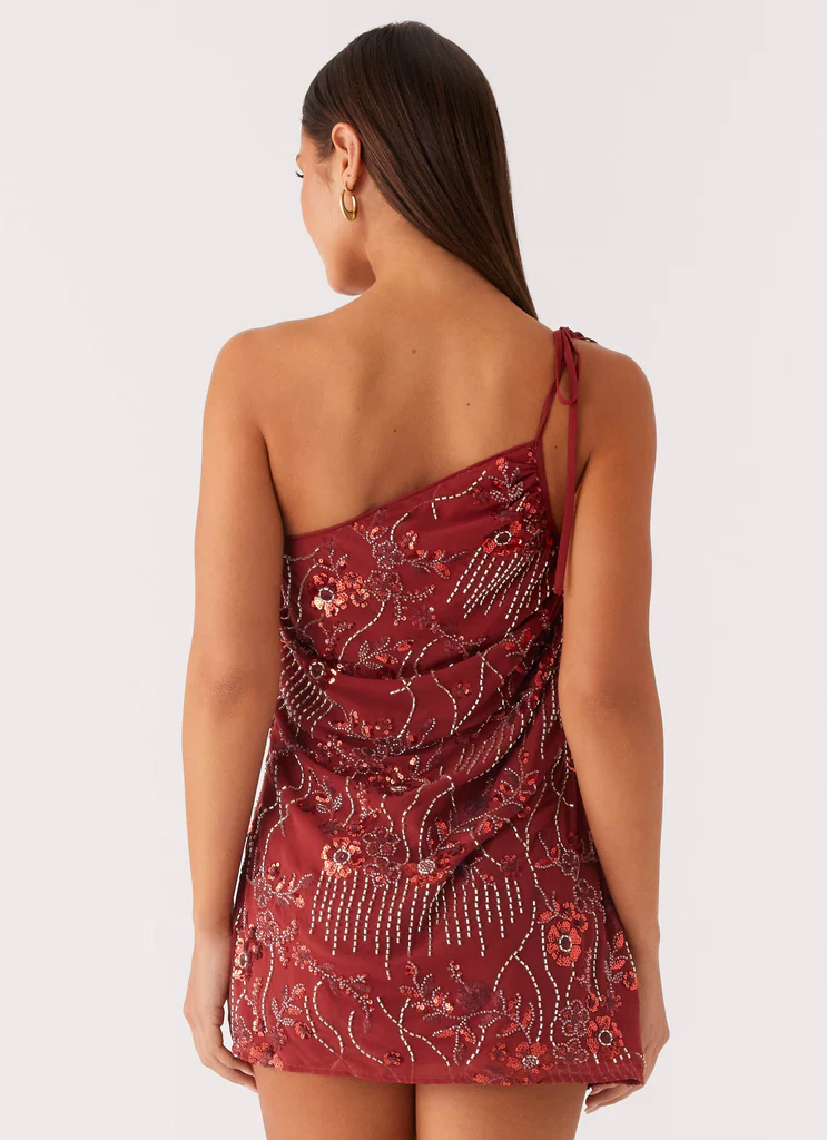 Temptational Beaded One Shoulder Mini Dress - Rust