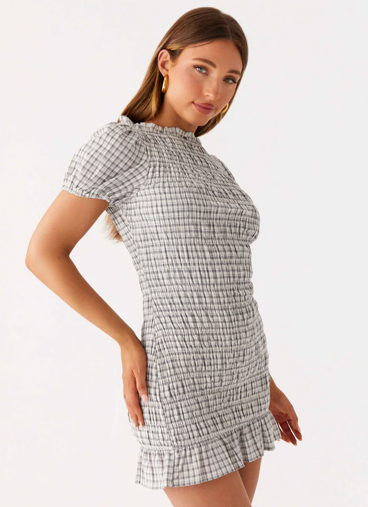 Millicent Ruched Mini Dress - Grey Check
