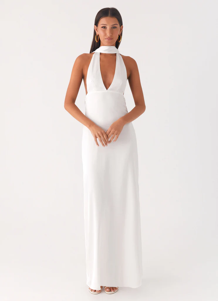 Alicia Satin Halter Maxi Dress - White