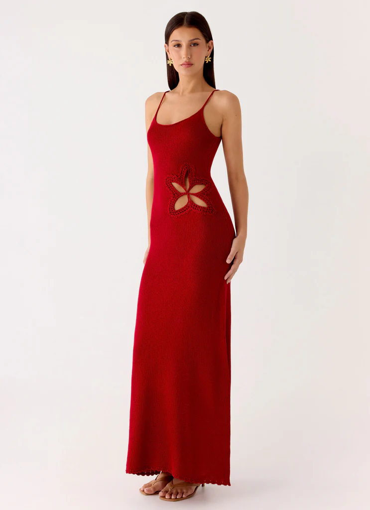 Palm Breeze Flower Crochet Maxi Dress - Burnt Red