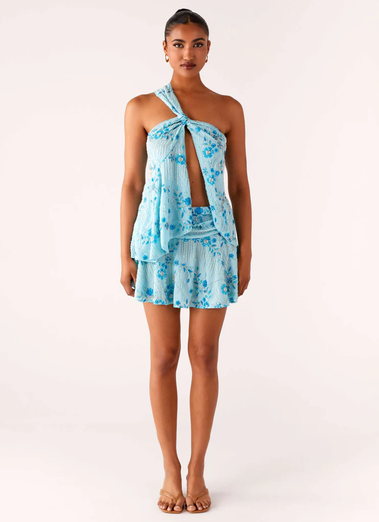 Delight Me Beaded Asymmetrical Top - Blue