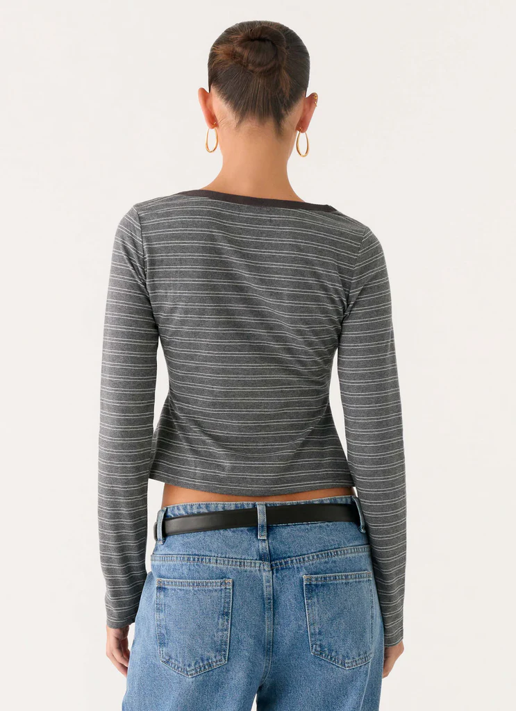Kaytra Long Sleeve Top - Grey Marle Stripe