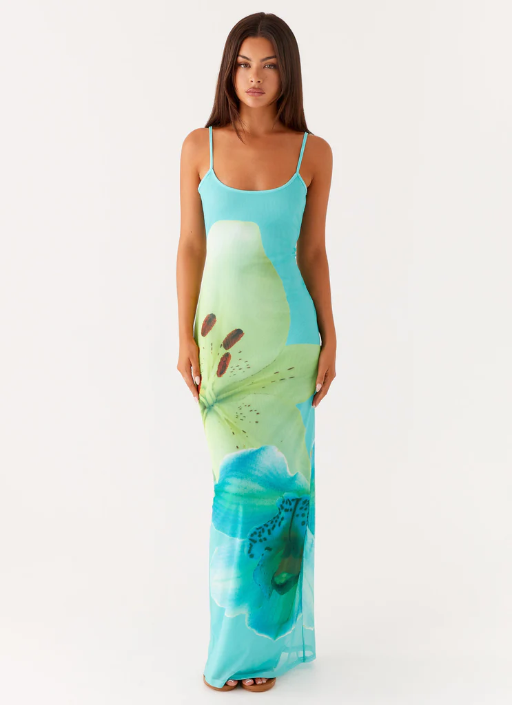 Bad News Mesh Maxi Dress - Turquoise Floral
