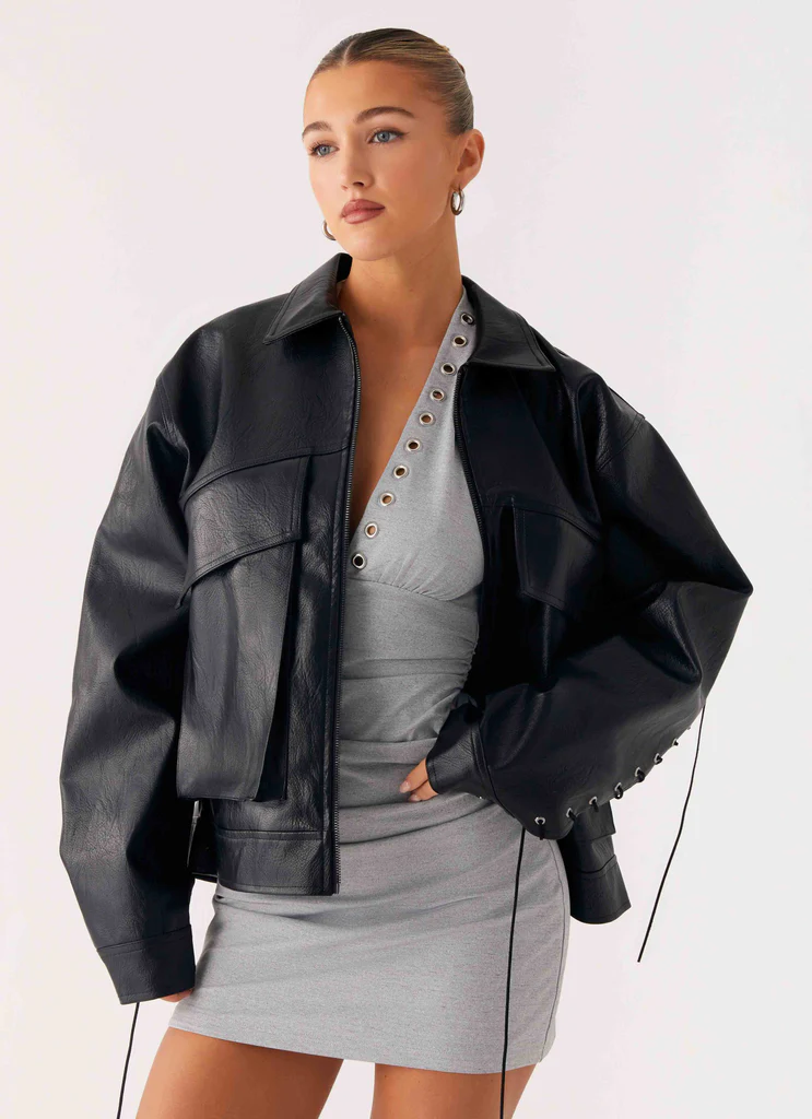 Lula Tassle Faux Leather Bomber Jacket - Black
