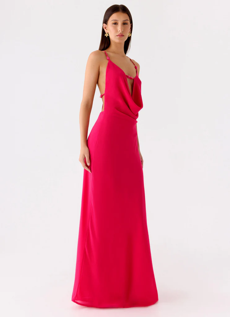 Tropic Muse Beaded Cowl Maxi Dress - Fuchsia