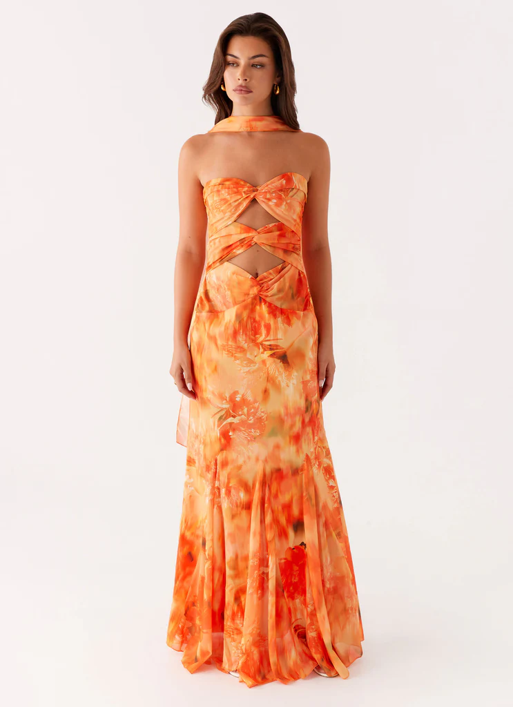 Melrose Satin Chiffon Maxi Dress - Sunset Floral