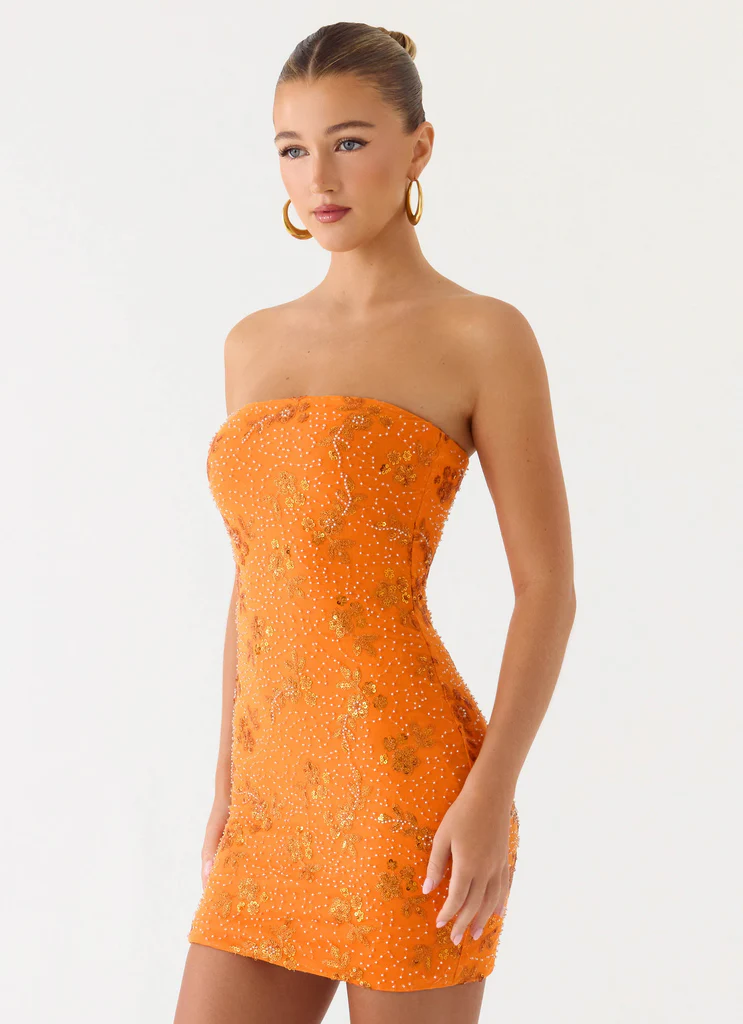 Push Back Beaded Sequin Mini Dress - Orange