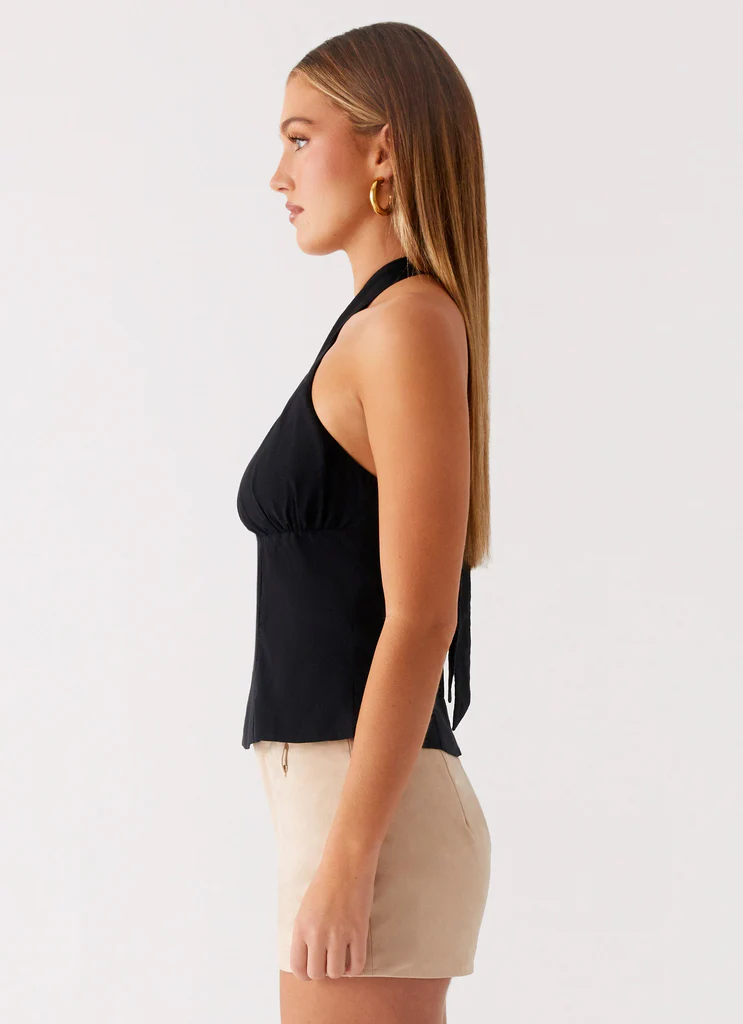 Catch Me Later Linen Halter Top - Black