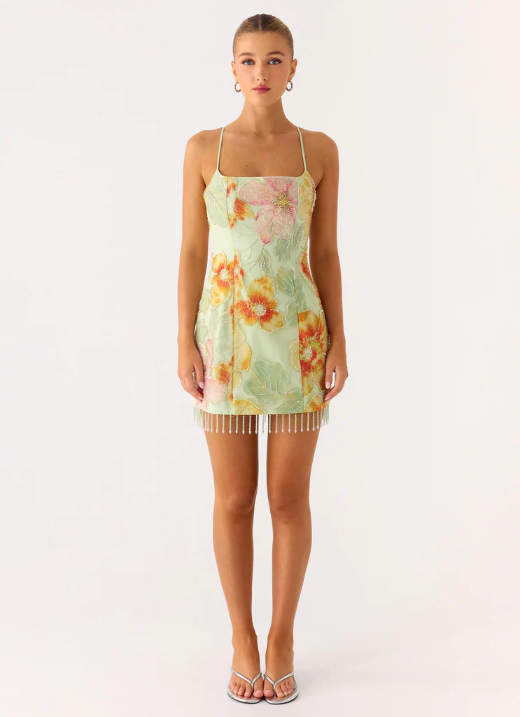 Gatiana Beaded Sequin Mini Dress - Green Floral Beaded