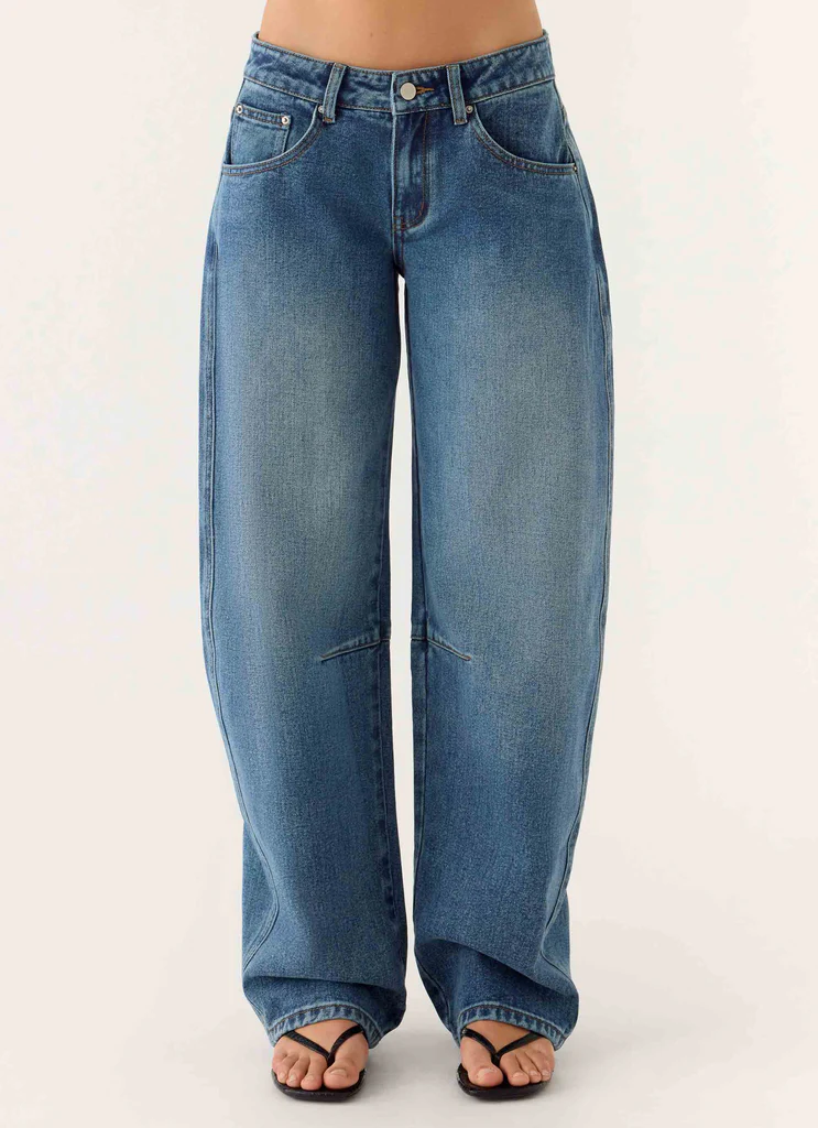 Stevie Low Rise Barrel Leg Denim Jeans - Mid Wash Blue