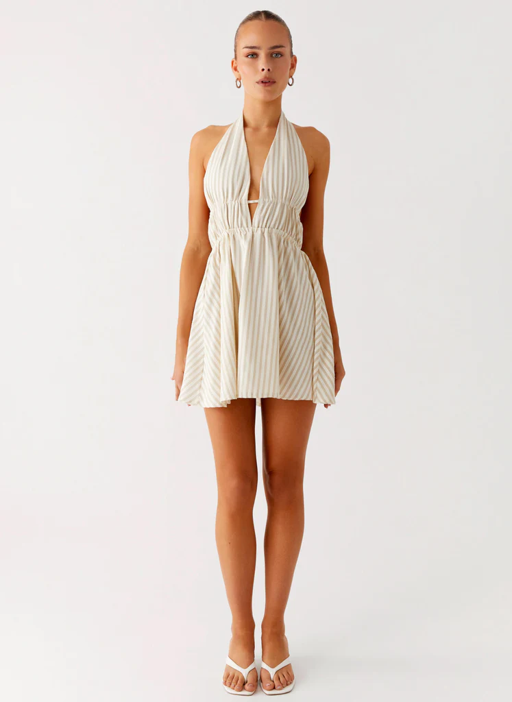 Figaro Halter Mini Dress - Taupe Stripe