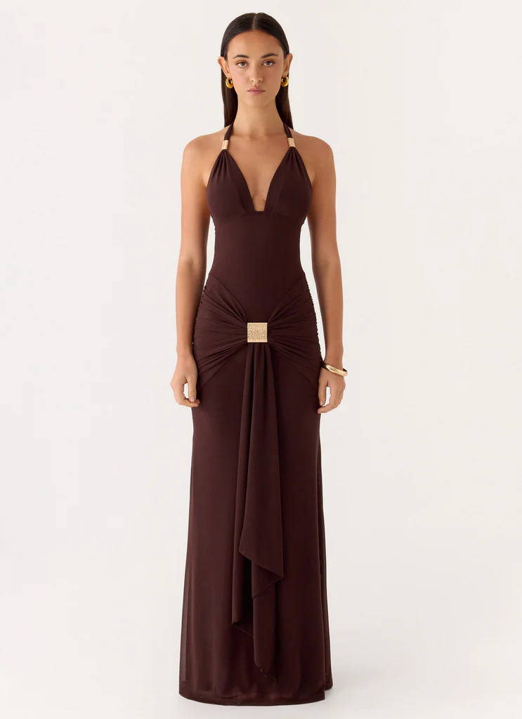 Miyah Halter Hardware Maxi Dress - Chocolate